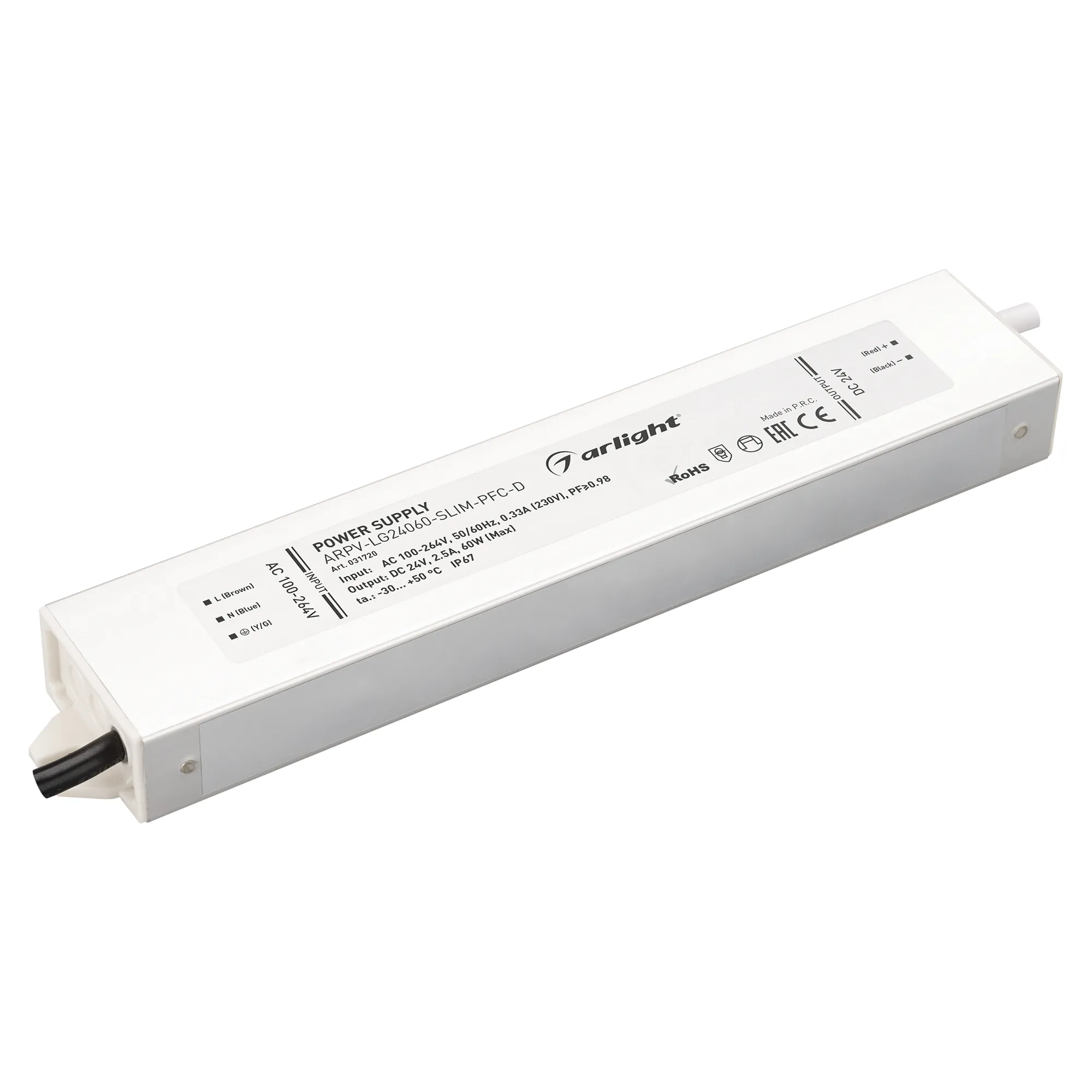 Блок питания ARPV-LG24060-SLIM-PFC-D (24V, 2.5A, 60W) (Arlight, IP67 Металл, 5 лет) - изображение товара